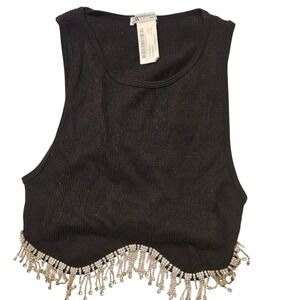 Zara XS/S Black Ribbed Tank Top Rhinestone Fringe Sleeveless‎ Cropped